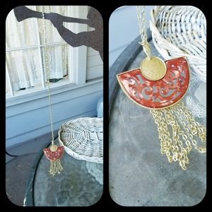 Boho Chic Filagree Half Moon Fringed long chain statement necklace